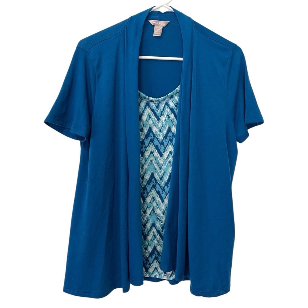 White Stag XL 16-18 Blue 2 Piece Cardigan Tank Set Chevron Print Casual Career